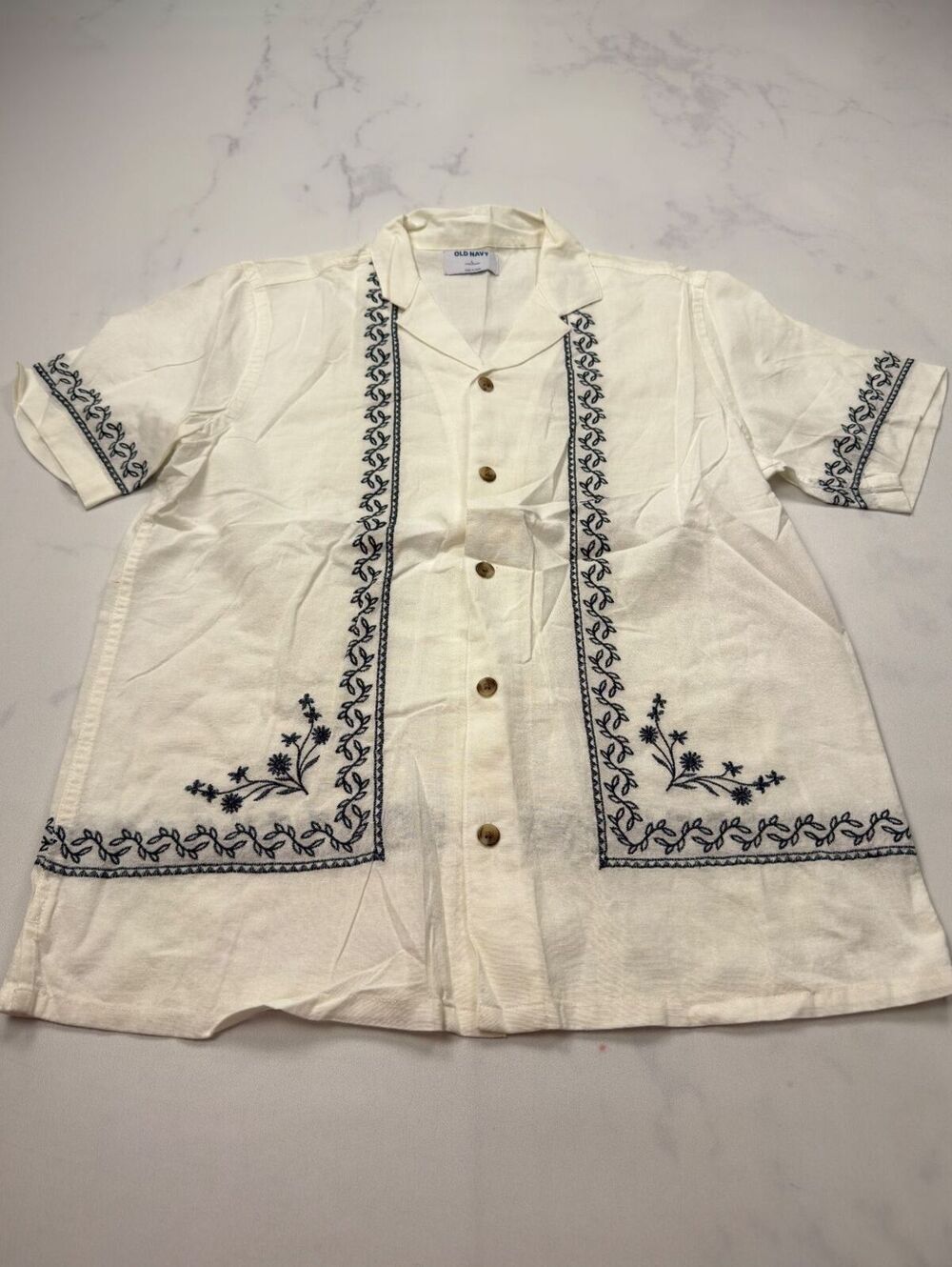 Old Navy Embroidered Button-Up Shirt Cream 90s Minimalist - Mens L
